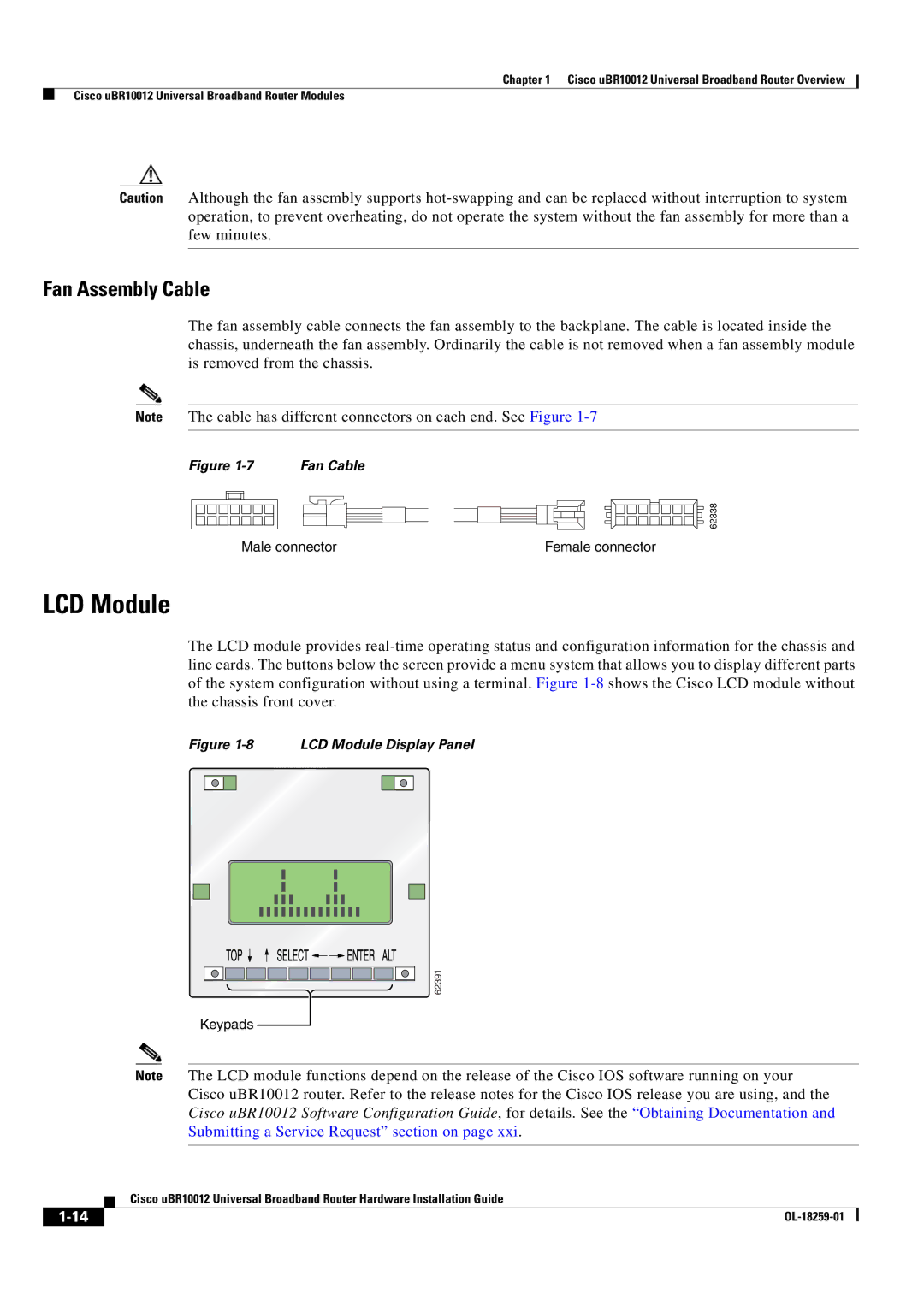 Cisco Systems Cisco uBR10012 manual LCD Module, Fan Assembly Cable 