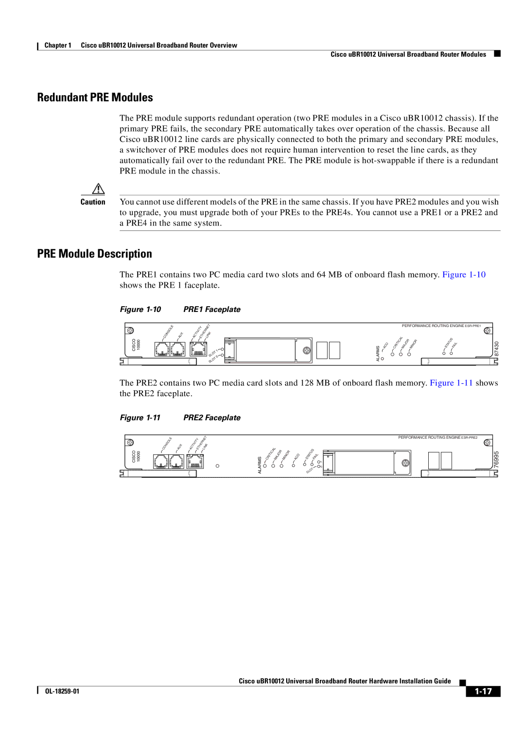 Cisco Systems Cisco uBR10012 manual Redundant PRE Modules, PRE Module Description 