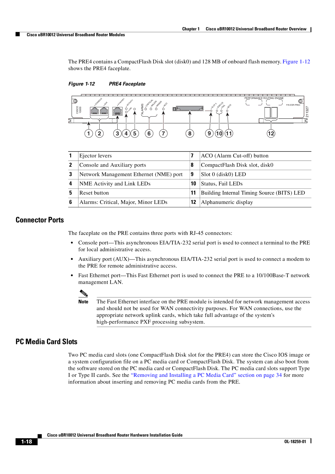 Cisco Systems Cisco uBR10012 manual Connector Ports, PC Media Card Slots 