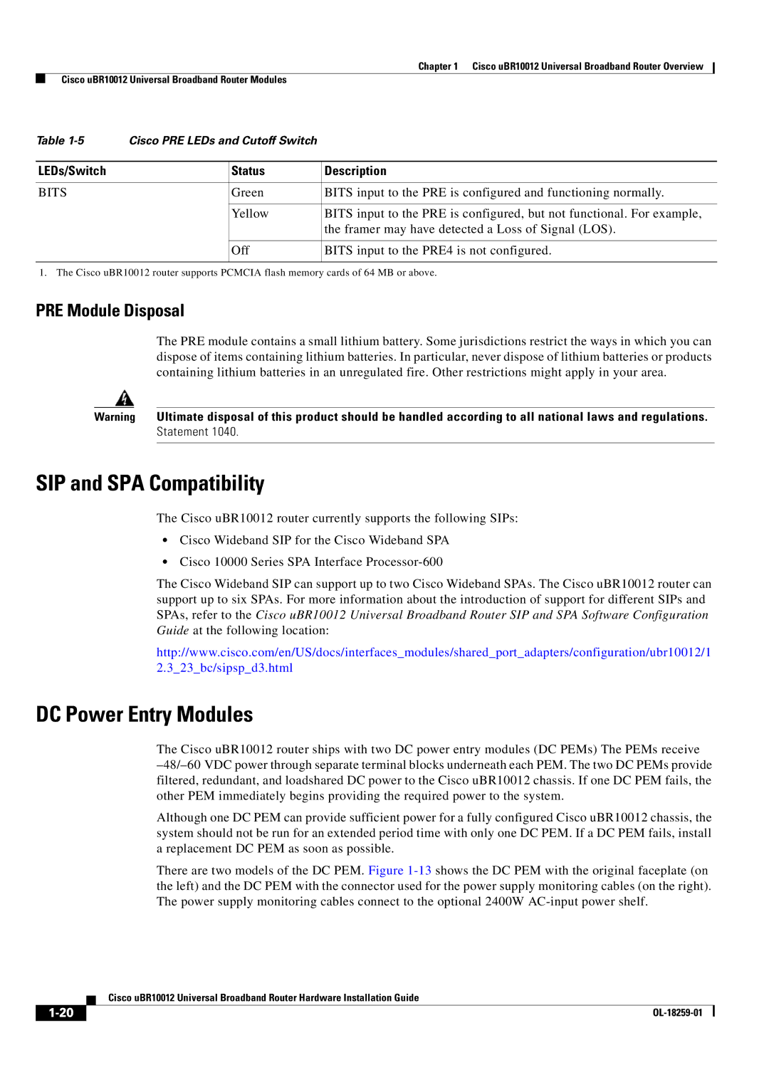 Cisco Systems Cisco uBR10012 manual SIP and SPA Compatibility, DC Power Entry Modules, PRE Module Disposal, Bits 