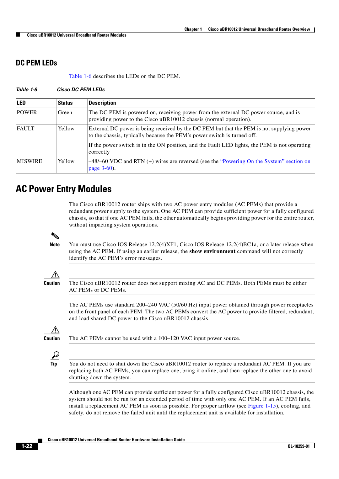 Cisco Systems Cisco uBR10012 manual AC Power Entry Modules, DC PEM LEDs, Fault, Miswire 