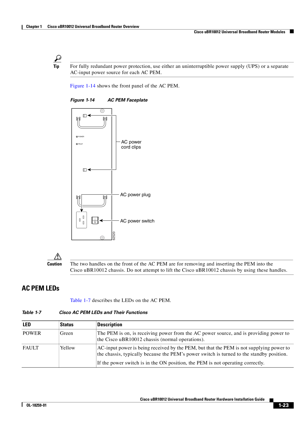 Cisco Systems Cisco uBR10012 manual AC PEM LEDs, 14shows the front panel of the AC PEM 