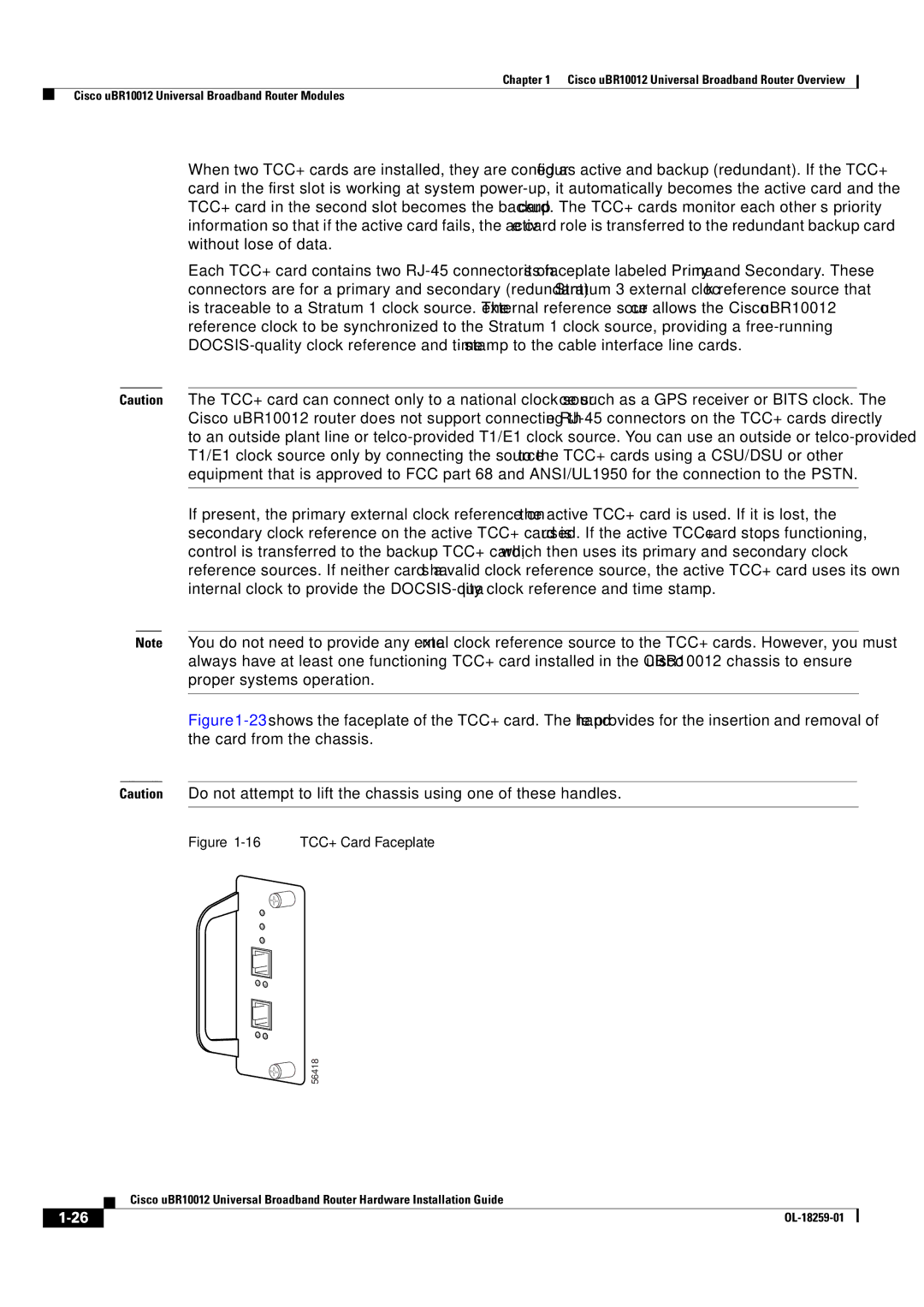 Cisco Systems Cisco uBR10012 manual 16 TCC+ Card Faceplate 