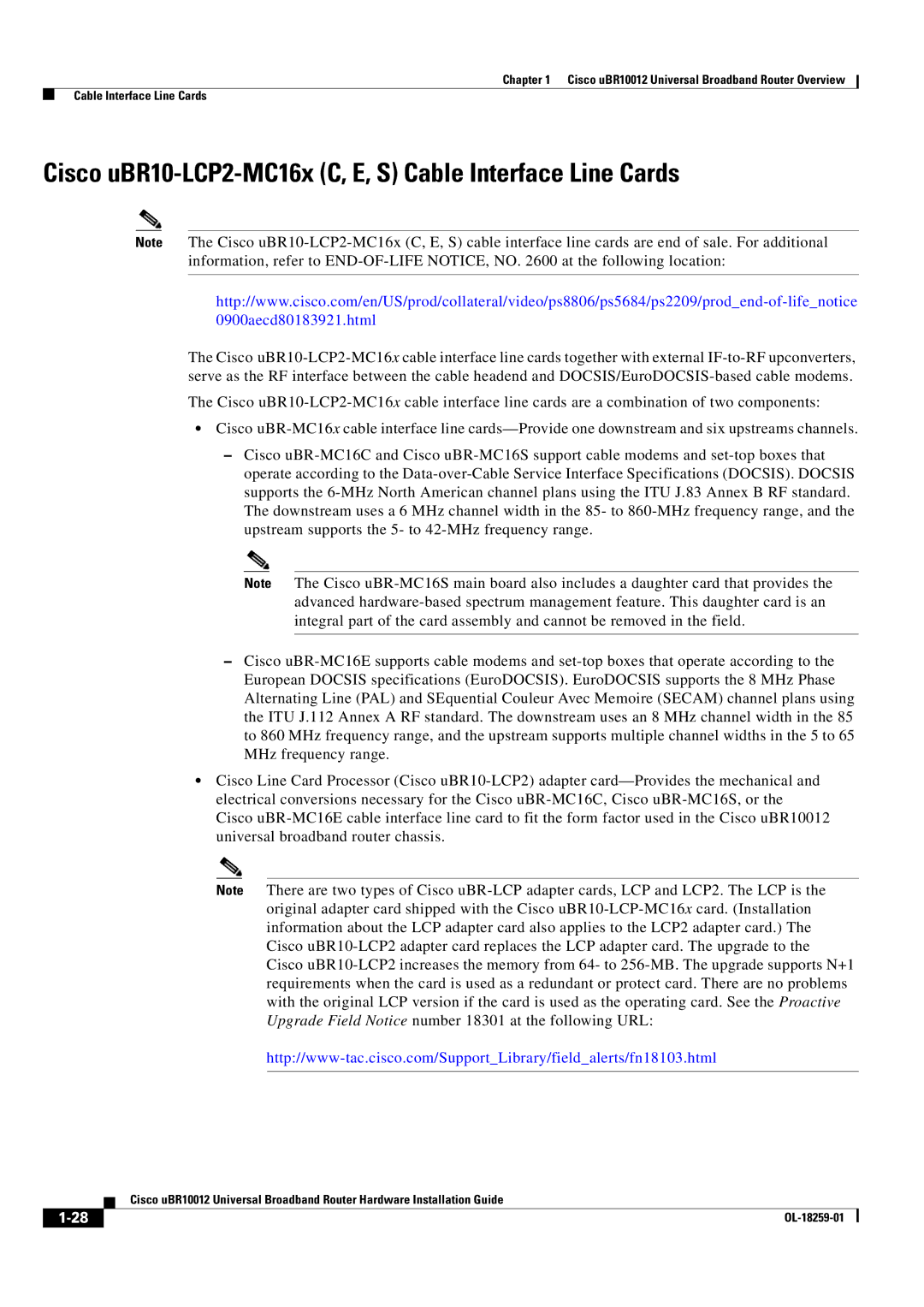 Cisco Systems Cisco uBR10012 manual Cisco uBR10-LCP2-MC16x C, E, S Cable Interface Line Cards 