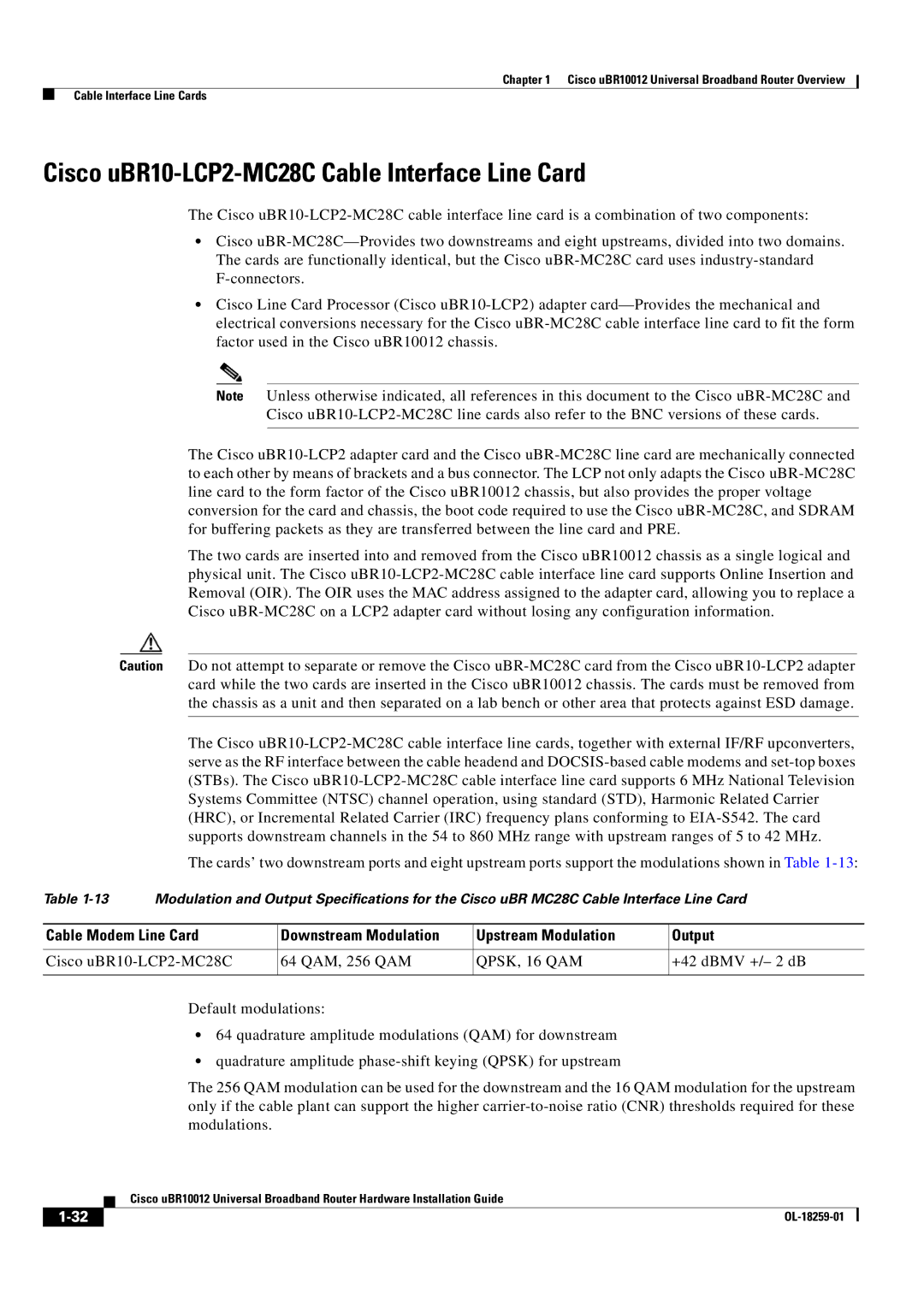 Cisco Systems Cisco uBR10012 manual Cisco uBR10-LCP2-MC28C Cable Interface Line Card 