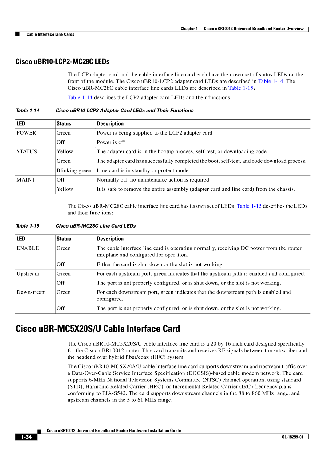 Cisco Systems Cisco uBR10012 manual Cisco uBR-MC5X20S/U Cable Interface Card, Cisco uBR10-LCP2-MC28C LEDs 