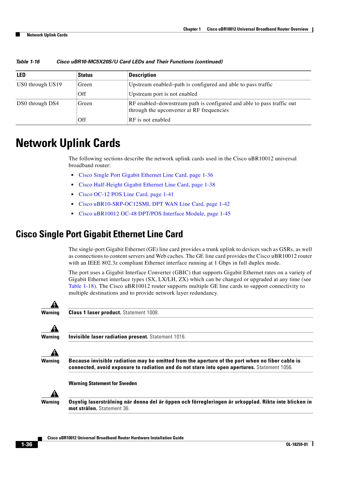 Cisco Systems Cisco uBR10012 manual Network Uplink Cards, Cisco Single Port Gigabit Ethernet Line Card 