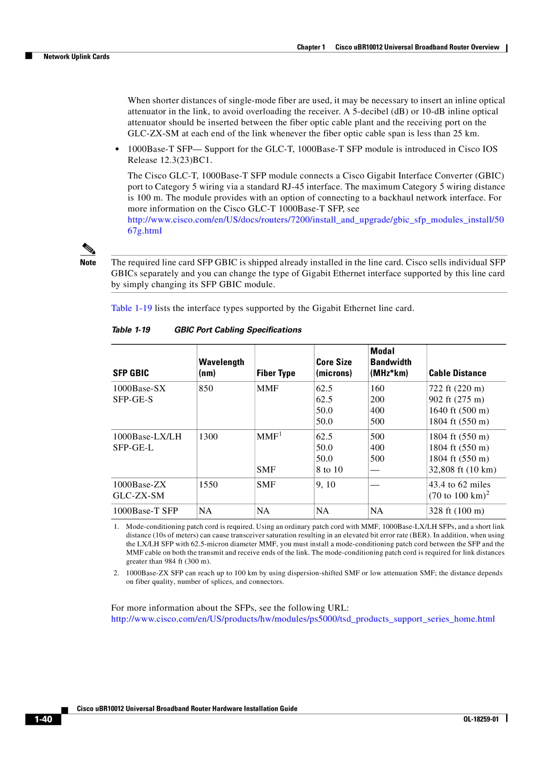 Cisco Systems Cisco uBR10012 Modal Wavelength Core Size Bandwidth, Fiber Type Microns MHz*km Cable Distance, Sfp-Ge-S 