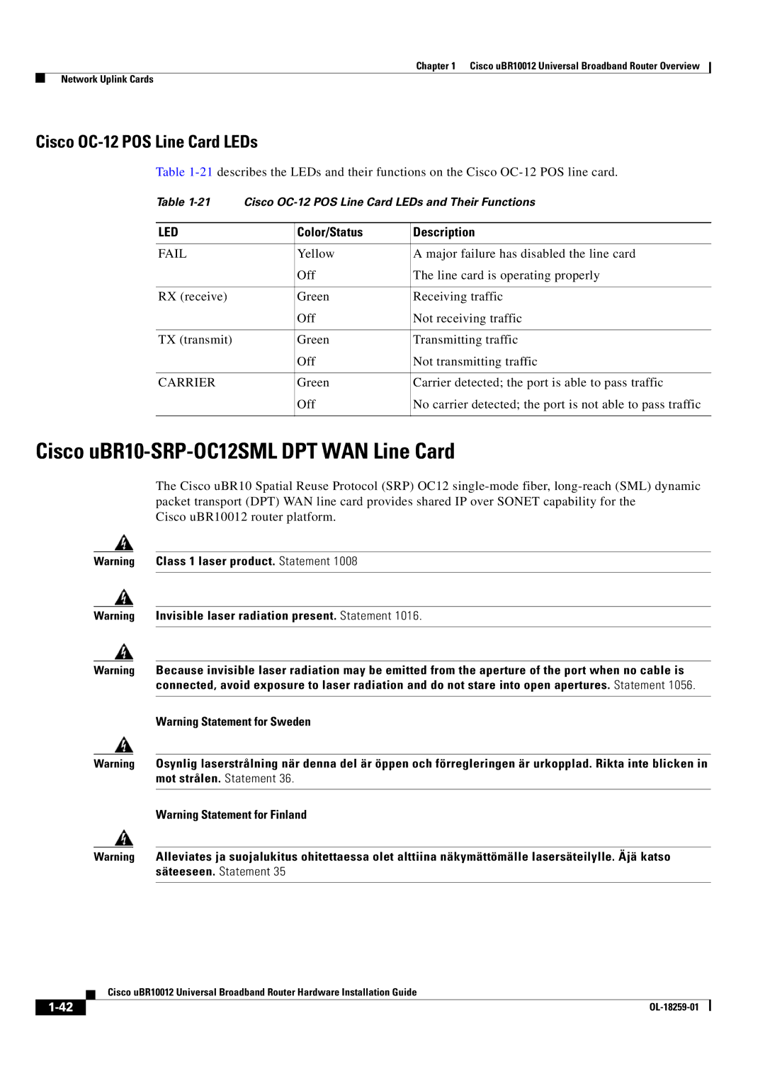 Cisco Systems Cisco uBR10012 manual Cisco uBR10-SRP-OC12SML DPT WAN Line Card, Cisco OC-12 POS Line Card LEDs, Carrier 