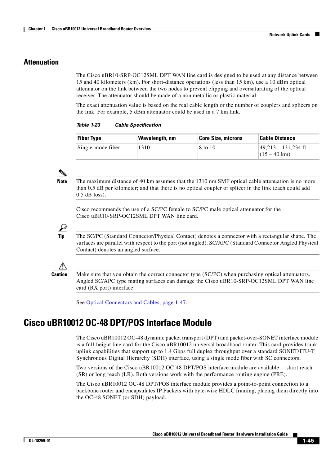 Cisco Systems manual Cisco uBR10012 OC-48 DPT/POS Interface Module, Attenuation 