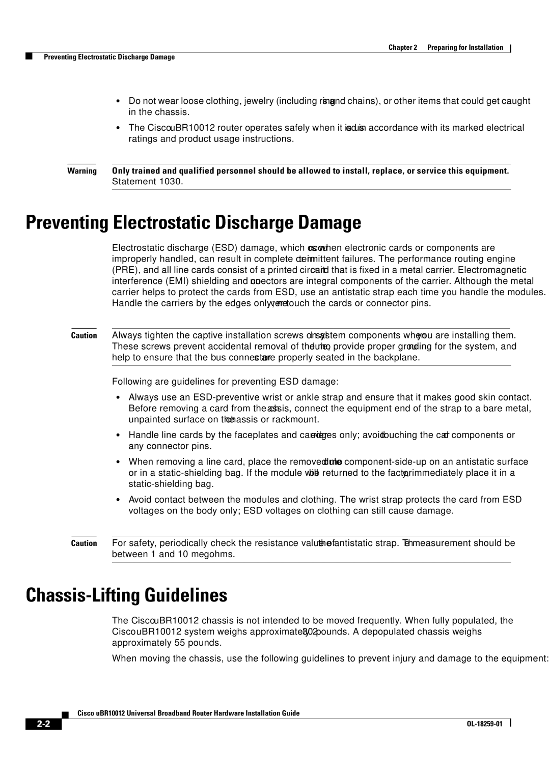 Cisco Systems Cisco uBR10012 manual Preventing Electrostatic Discharge Damage, Chassis-Lifting Guidelines 