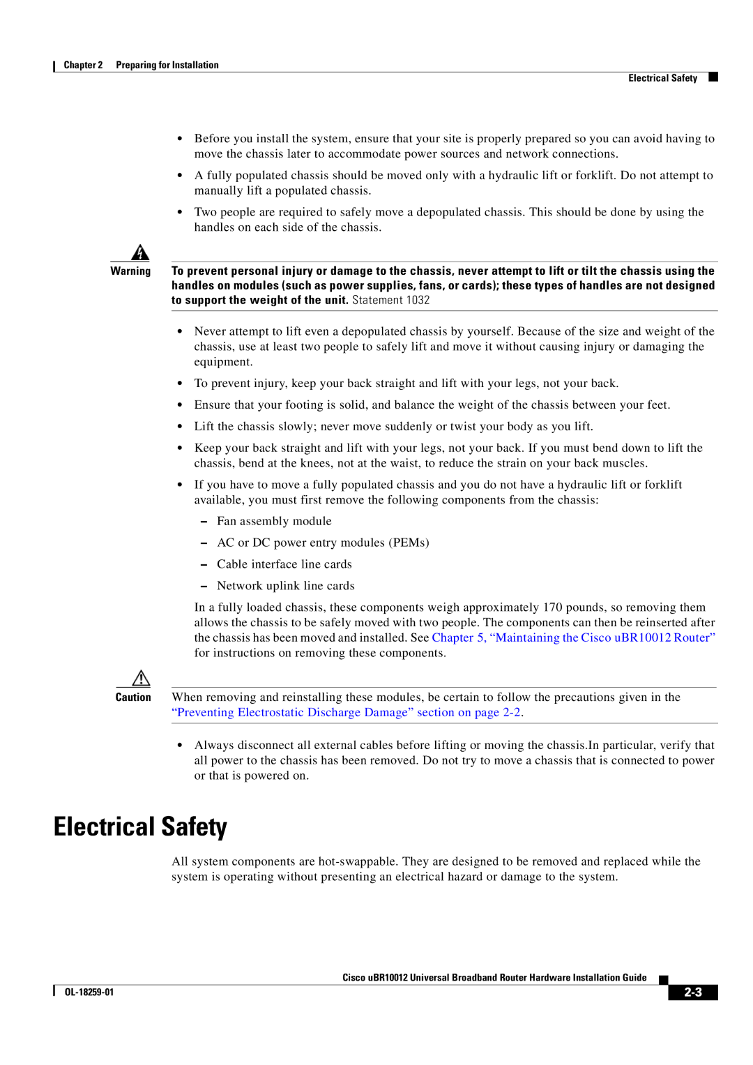 Cisco Systems Cisco uBR10012 manual Electrical Safety 