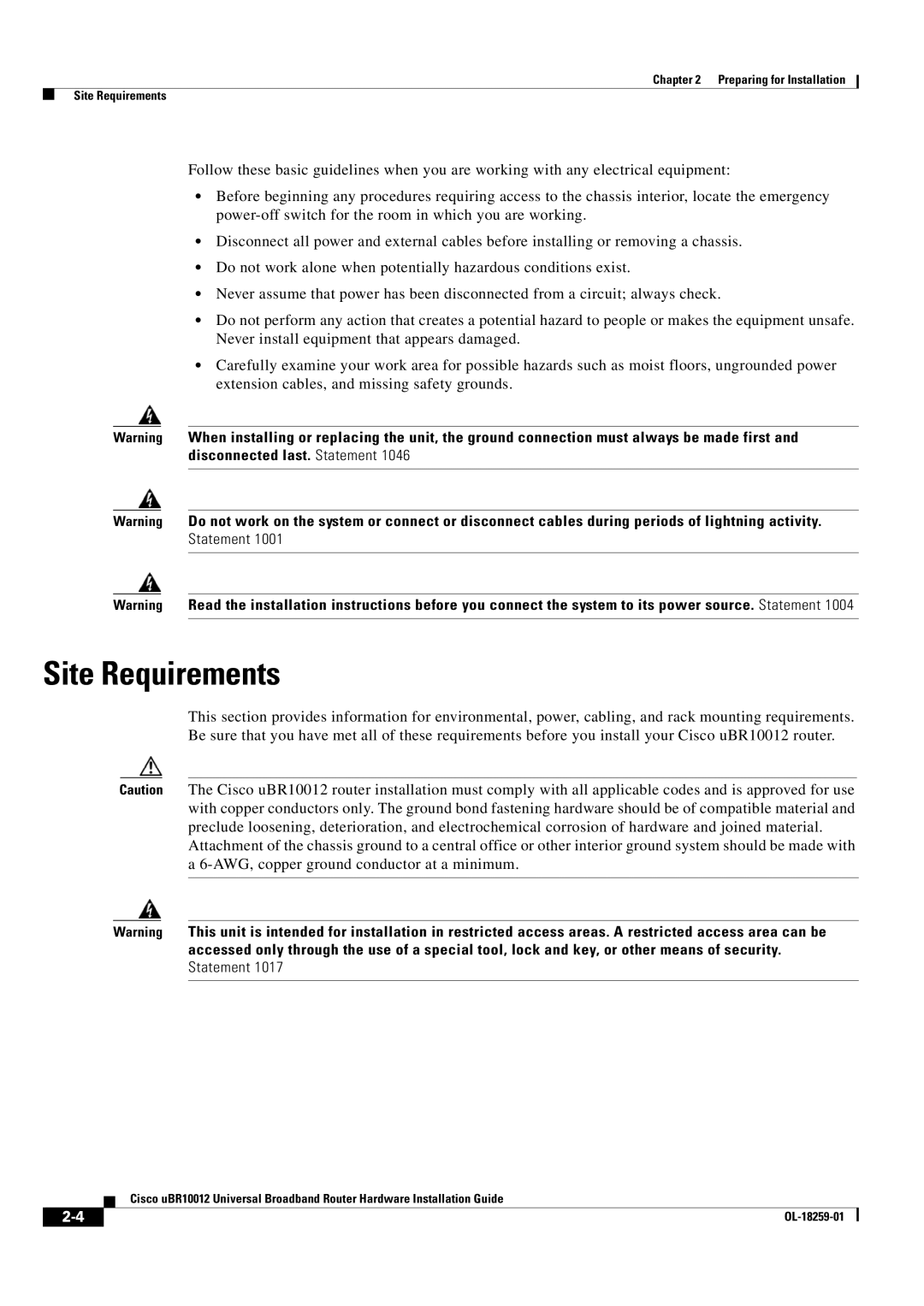 Cisco Systems Cisco uBR10012 manual Site Requirements 