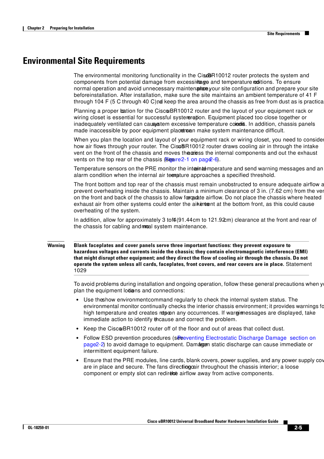 Cisco Systems Cisco uBR10012 manual Environmental Site Requirements 