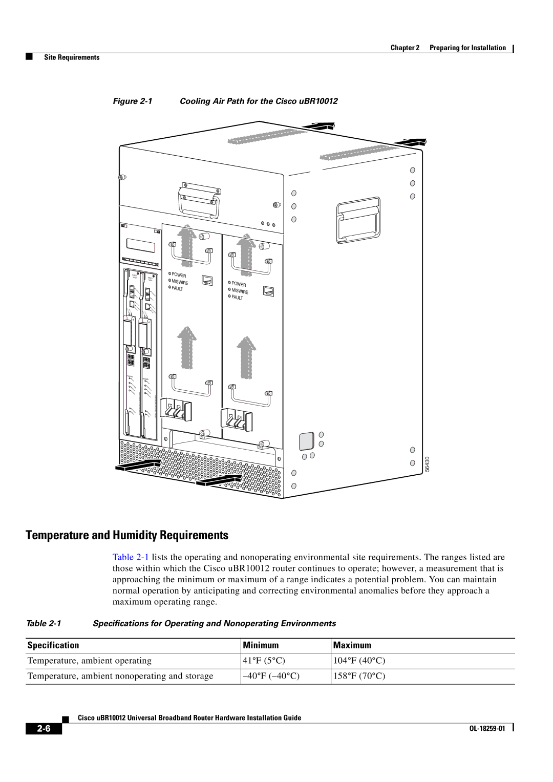 Cisco Systems Cisco uBR10012 manual Temperature and Humidity Requirements, Specification Minimum Maximum 