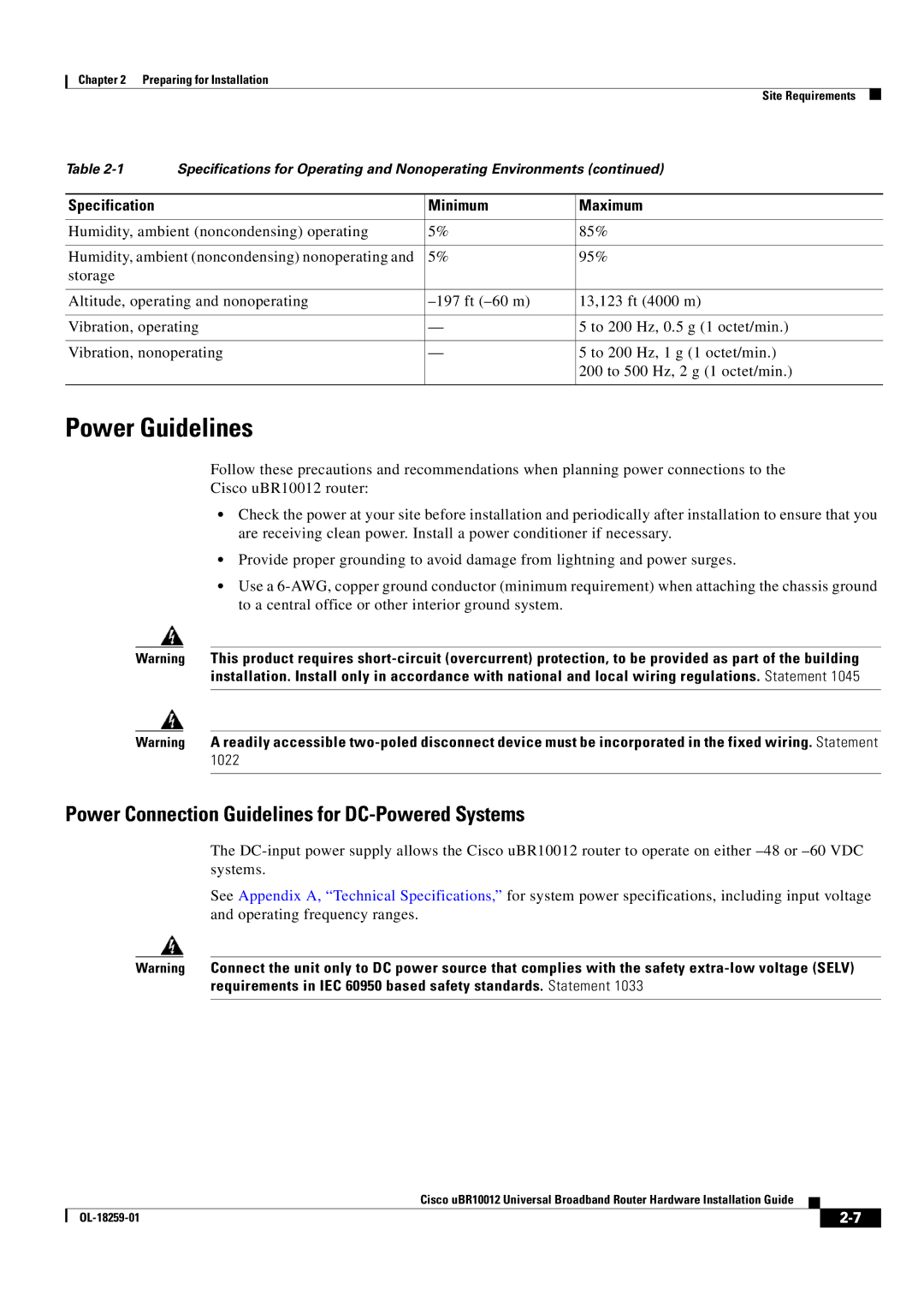 Cisco Systems Cisco uBR10012 manual Power Guidelines, Power Connection Guidelines for DC-Powered Systems 