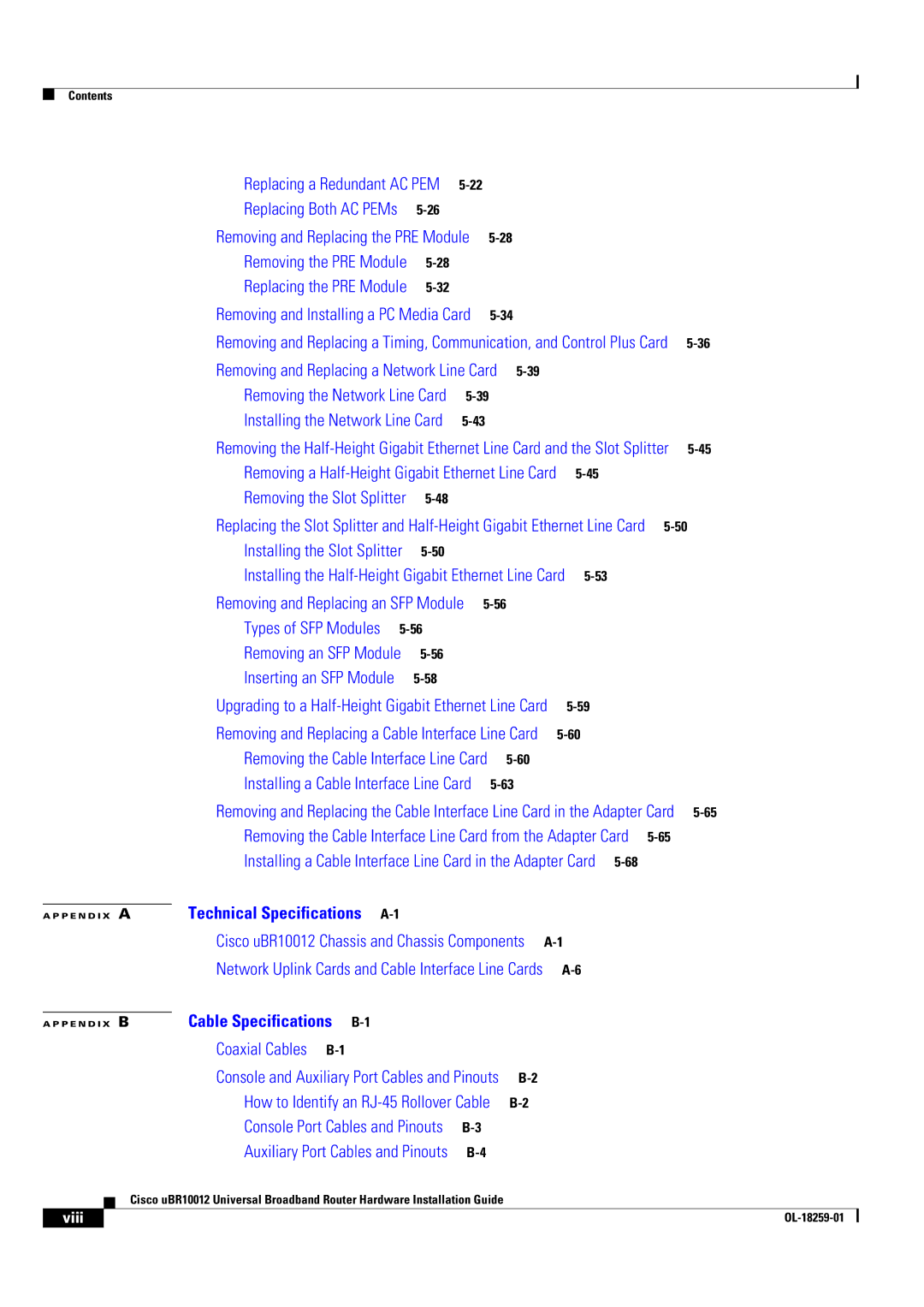 Cisco Systems Cisco uBR10012 manual Removing and Replacing a Network Line Card, Viii 