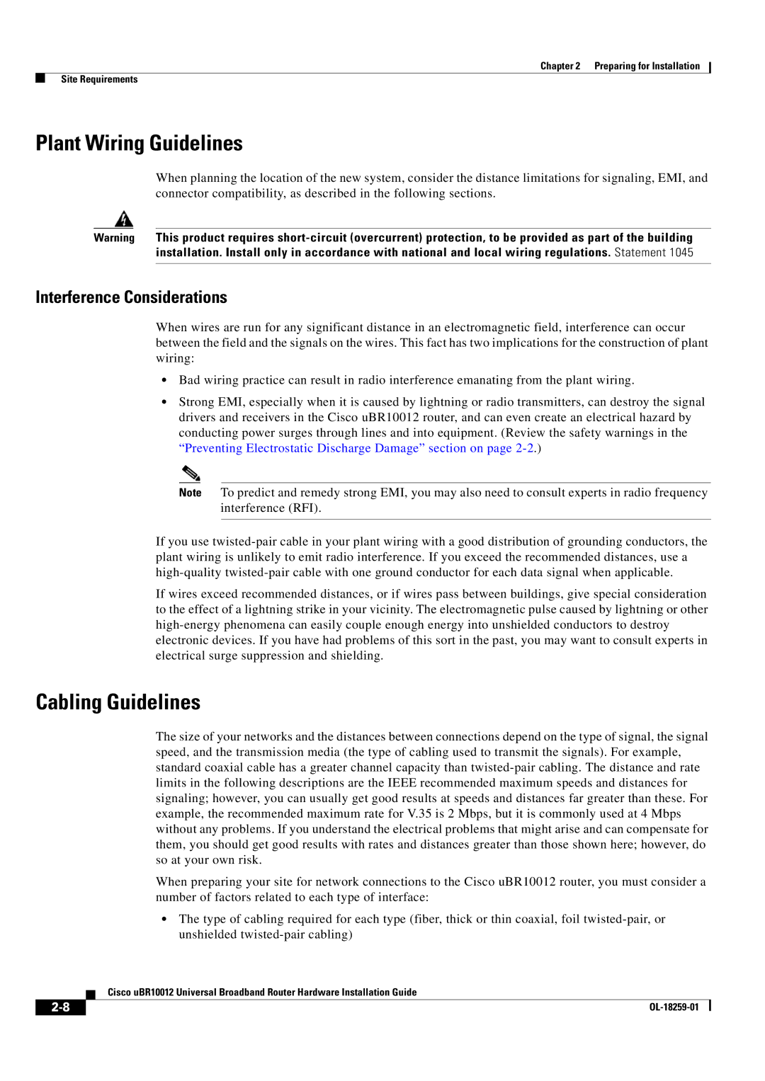 Cisco Systems Cisco uBR10012 manual Plant Wiring Guidelines, Cabling Guidelines, Interference Considerations 