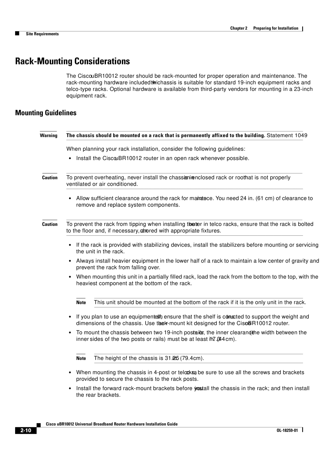 Cisco Systems Cisco uBR10012 manual Rack-Mounting Considerations, Mounting Guidelines 