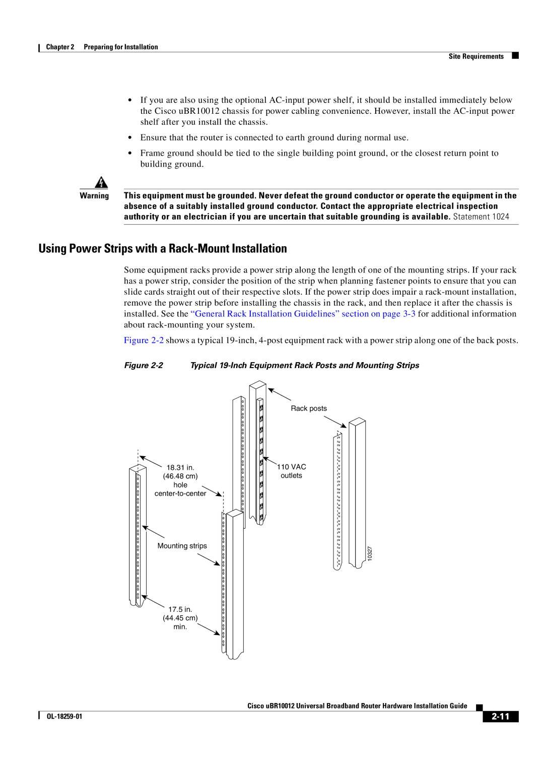 Cisco Systems Cisco uBR10012 manual Using Power Strips with a Rack-Mount Installation 