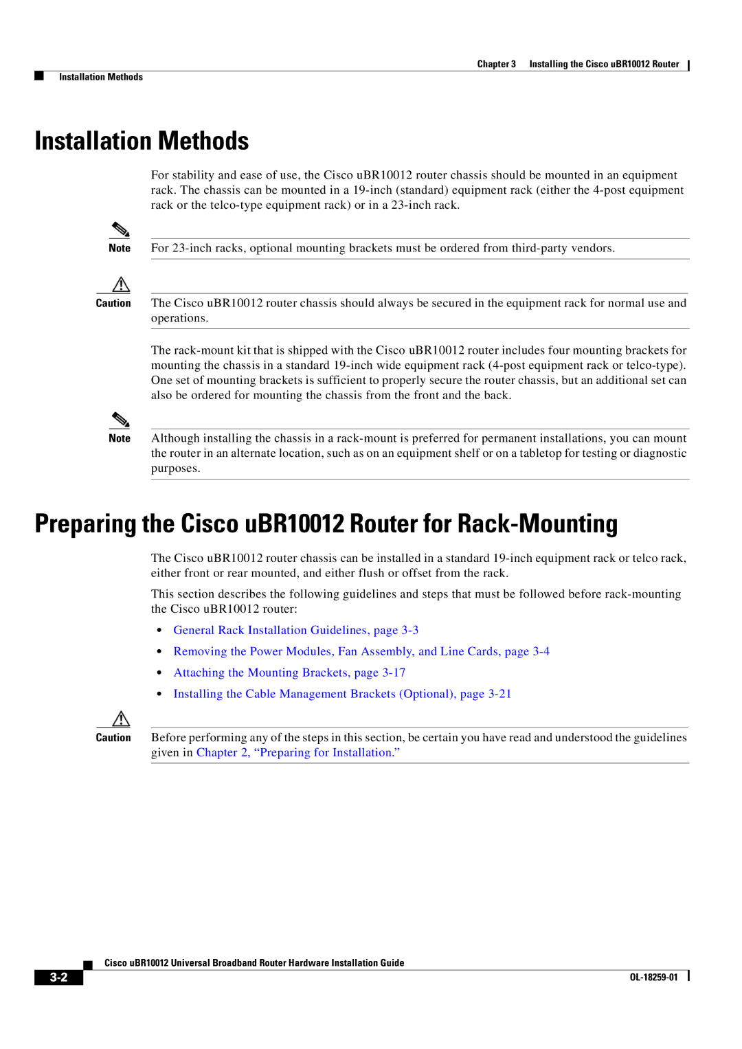 Cisco Systems manual Installation Methods, Preparing the Cisco uBR10012 Router for Rack-Mounting 