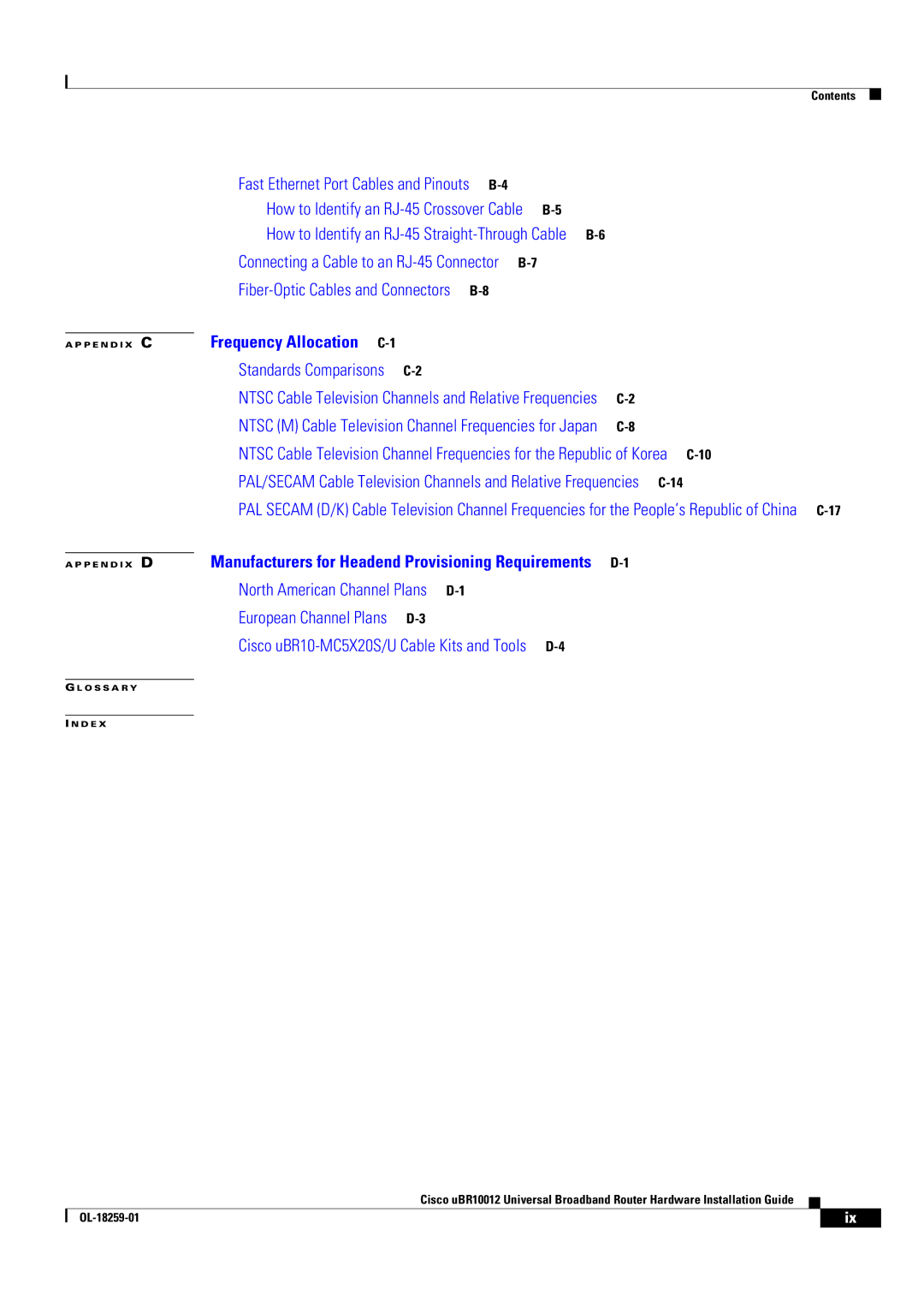 Cisco Systems Cisco uBR10012 manual Frequency Allocation C-1 