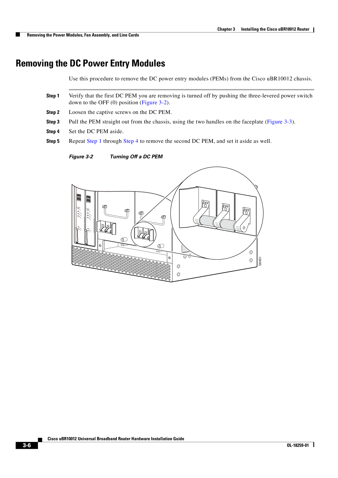 Cisco Systems Cisco uBR10012 manual Removing the DC Power Entry Modules, Turning Off a DC PEM 