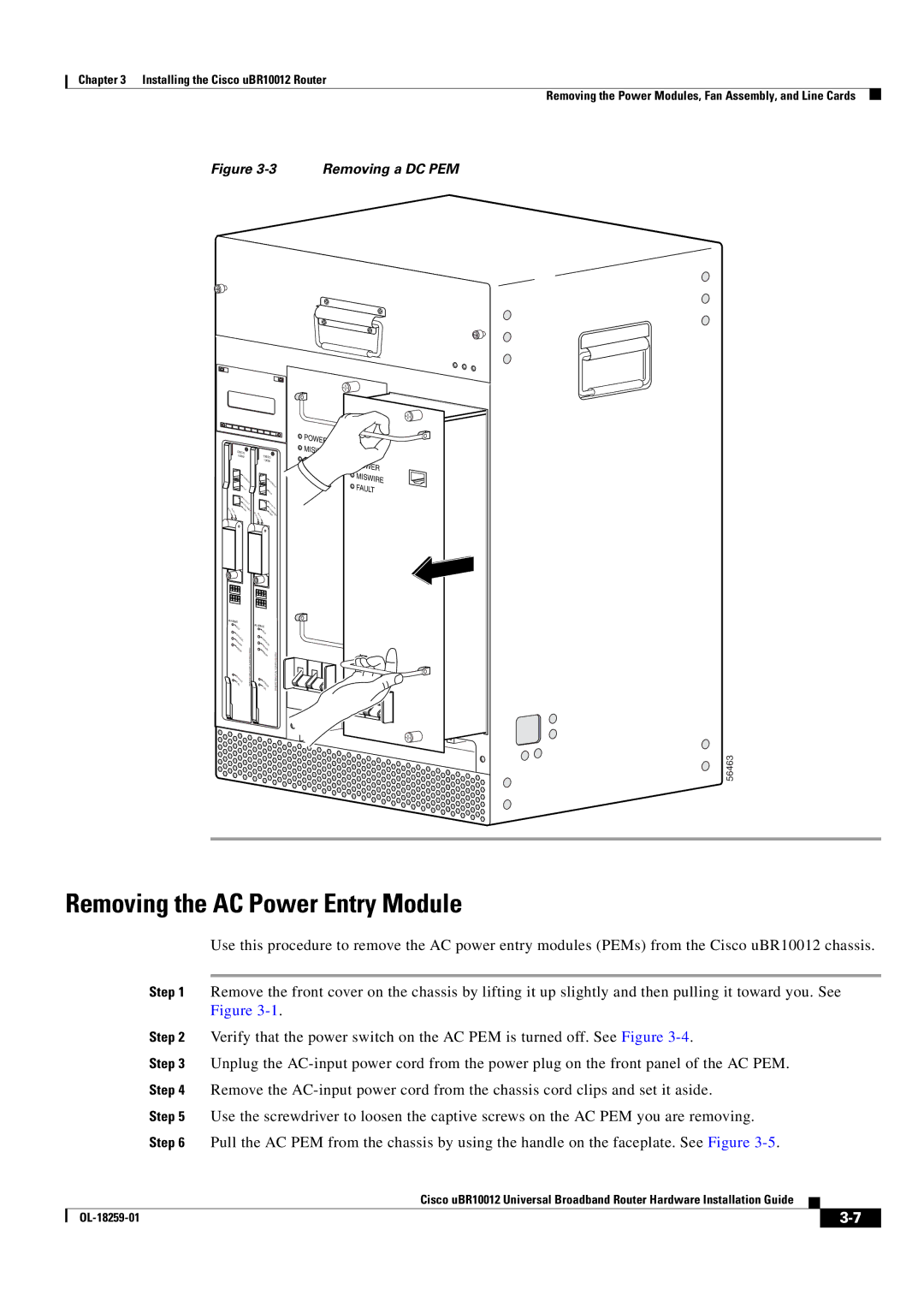 Cisco Systems Cisco uBR10012 manual Removing the AC Power Entry Module, Power Miswire Fault 