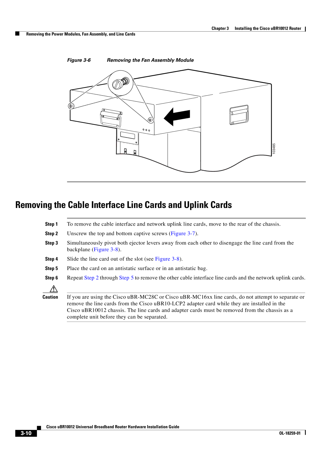 Cisco Systems Cisco uBR10012 Removing the Cable Interface Line Cards and Uplink Cards, Removing the Fan Assembly Module 