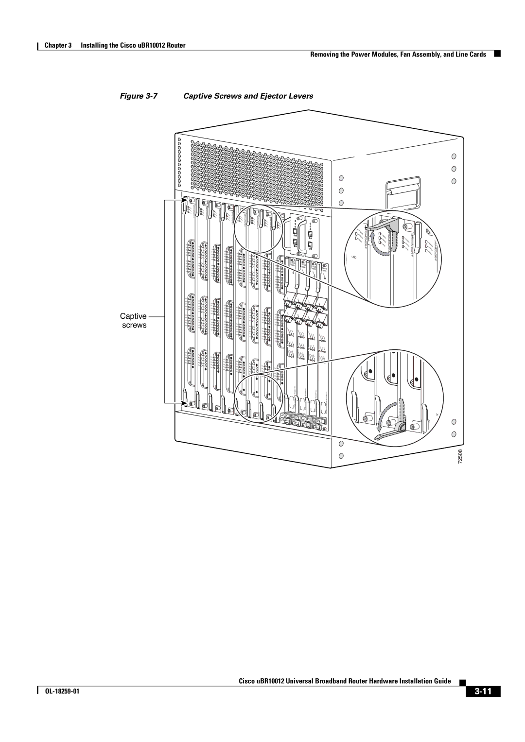 Cisco Systems Cisco uBR10012 manual Captive Screws and Ejector Levers 