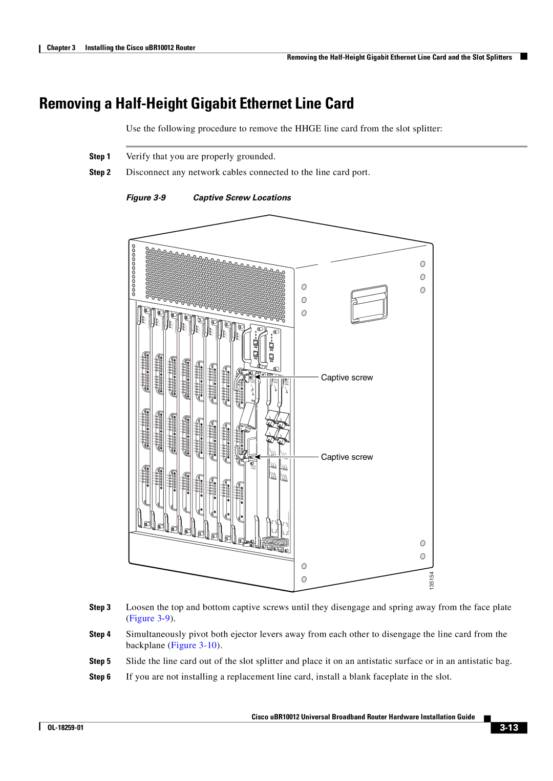 Cisco Systems Cisco uBR10012 manual Removing a Half-Height Gigabit Ethernet Line Card, Captive screw 