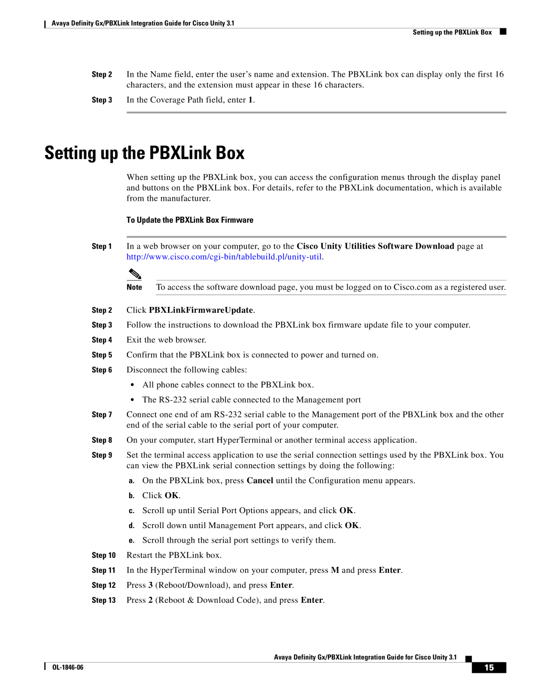 Cisco Systems Cisco Unity 3.1 Setting up the PBXLink Box, To Update the PBXLink Box Firmware, Click PBXLinkFirmwareUpdate 