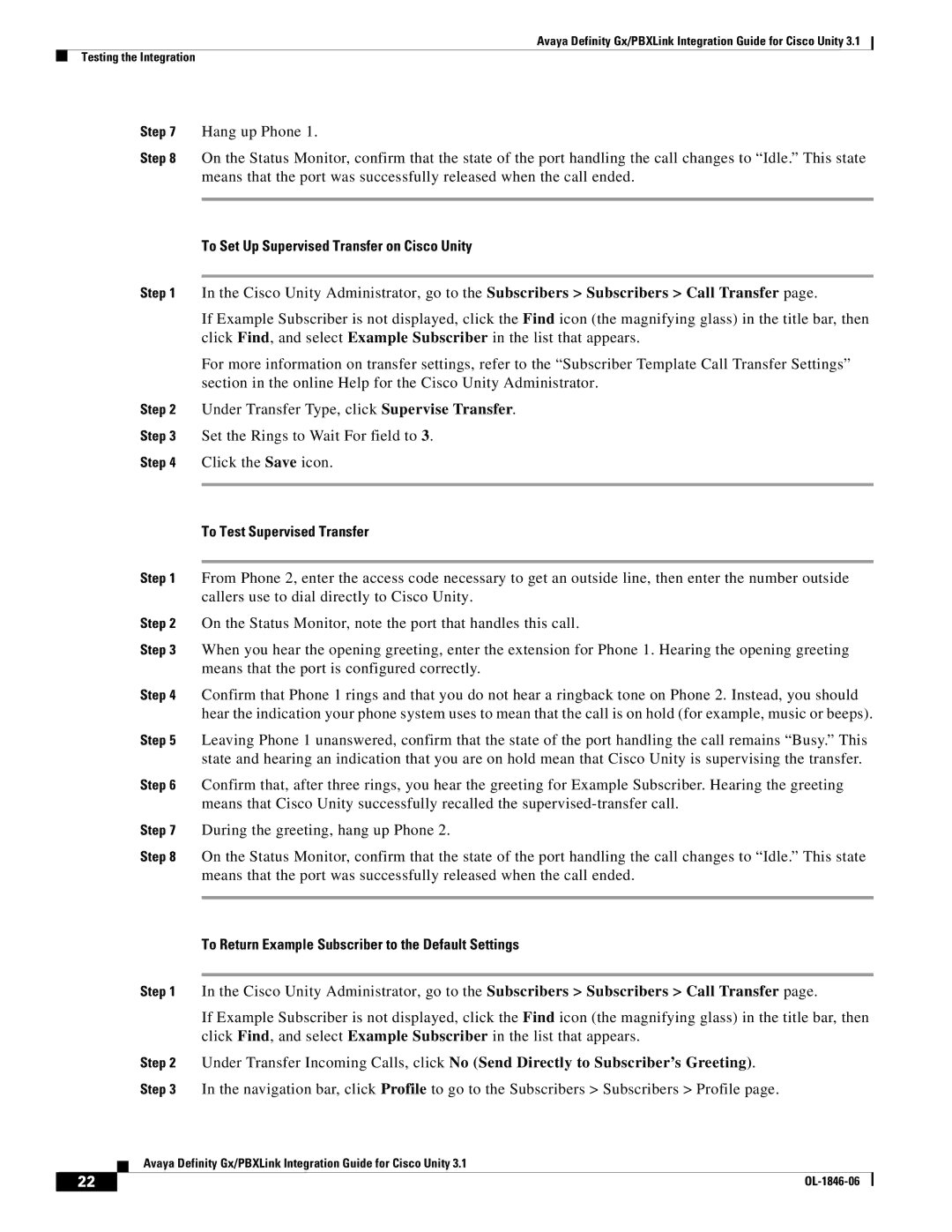 Cisco Systems Cisco Unity 3.1 manual To Set Up Supervised Transfer on Cisco Unity, To Test Supervised Transfer 