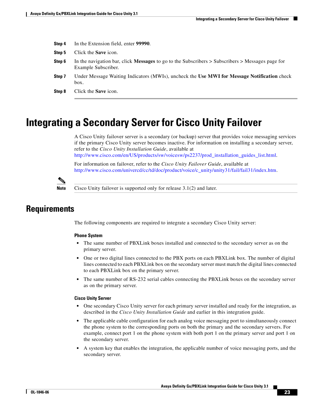 Cisco Systems Cisco Unity 3.1 manual Integrating a Secondary Server for Cisco Unity Failover, Requirements 