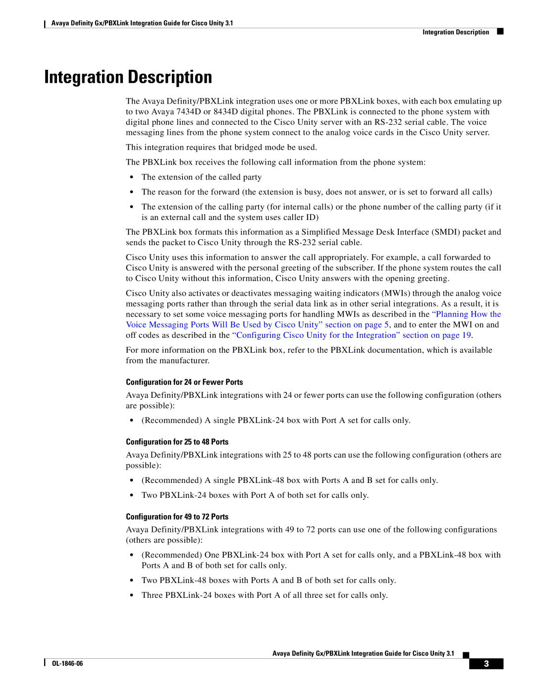 Cisco Systems Cisco Unity 3.1 manual Integration Description, Configuration for 24 or Fewer Ports 