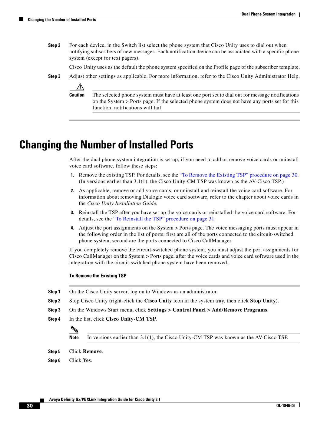 Cisco Systems Cisco Unity 3.1 manual Changing the Number of Installed Ports, To Remove the Existing TSP 