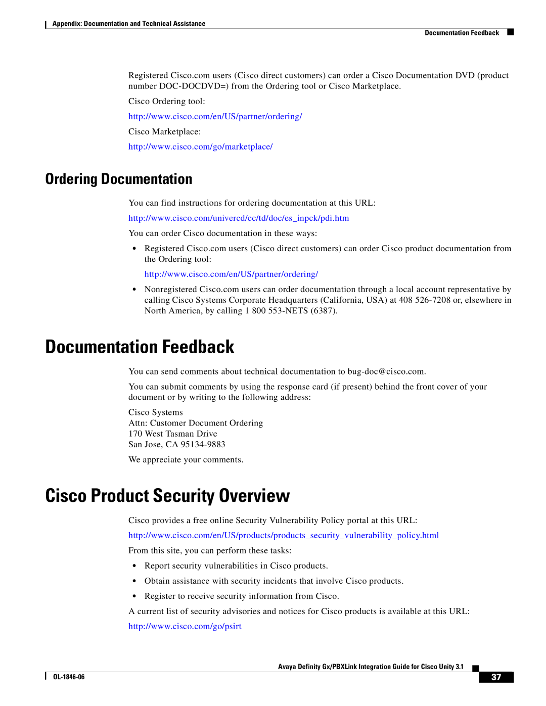 Cisco Systems Cisco Unity 3.1 manual Documentation Feedback, Cisco Product Security Overview, Ordering Documentation 