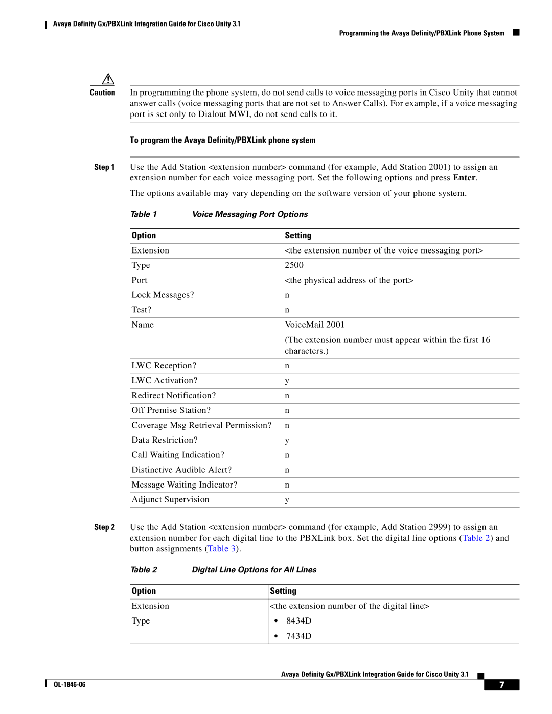 Cisco Systems Cisco Unity 3.1 manual To program the Avaya Definity/PBXLink phone system, Option Setting 