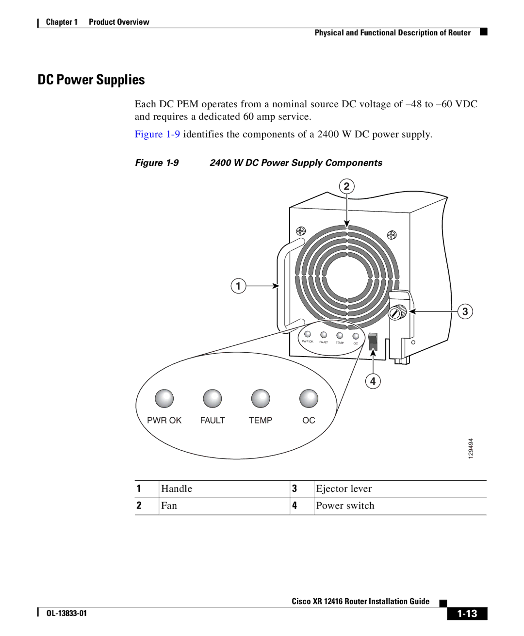 Cisco Systems Cisco XR 12416 manual DC Power Supplies, 9identifies the components of a 2400 W DC power supply 