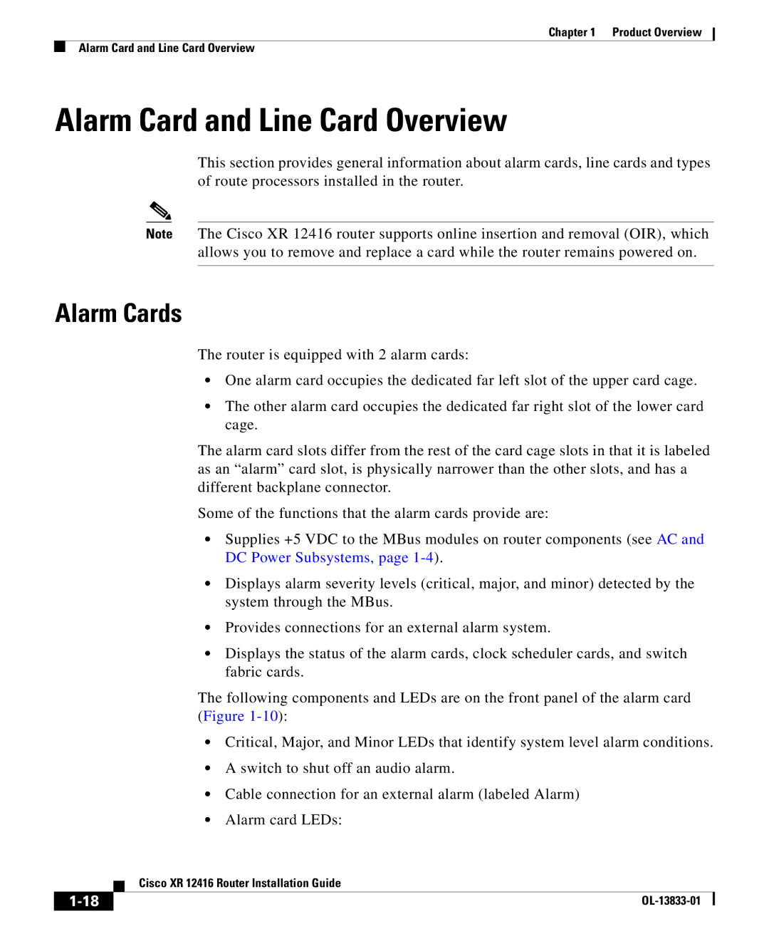 Cisco Systems Cisco XR 12416 manual Alarm Card and Line Card Overview, Alarm Cards 