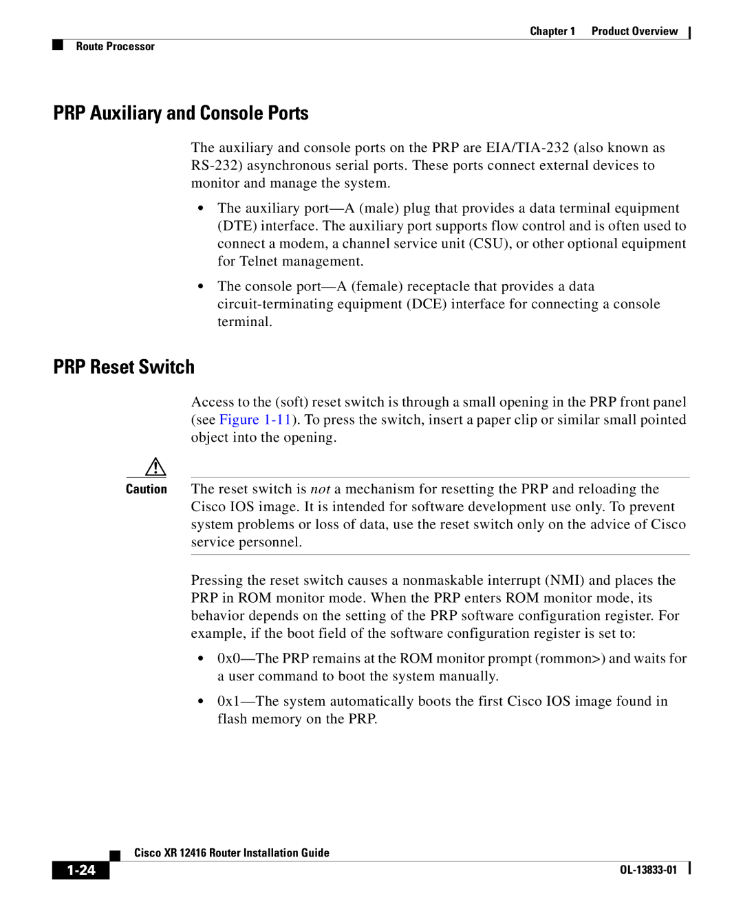 Cisco Systems Cisco XR 12416 manual PRP Auxiliary and Console Ports, PRP Reset Switch 