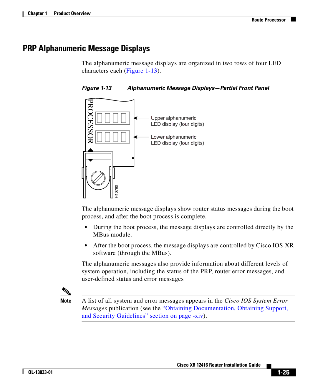 Cisco Systems Cisco XR 12416 manual PRP Alphanumeric Message Displays, Processor 