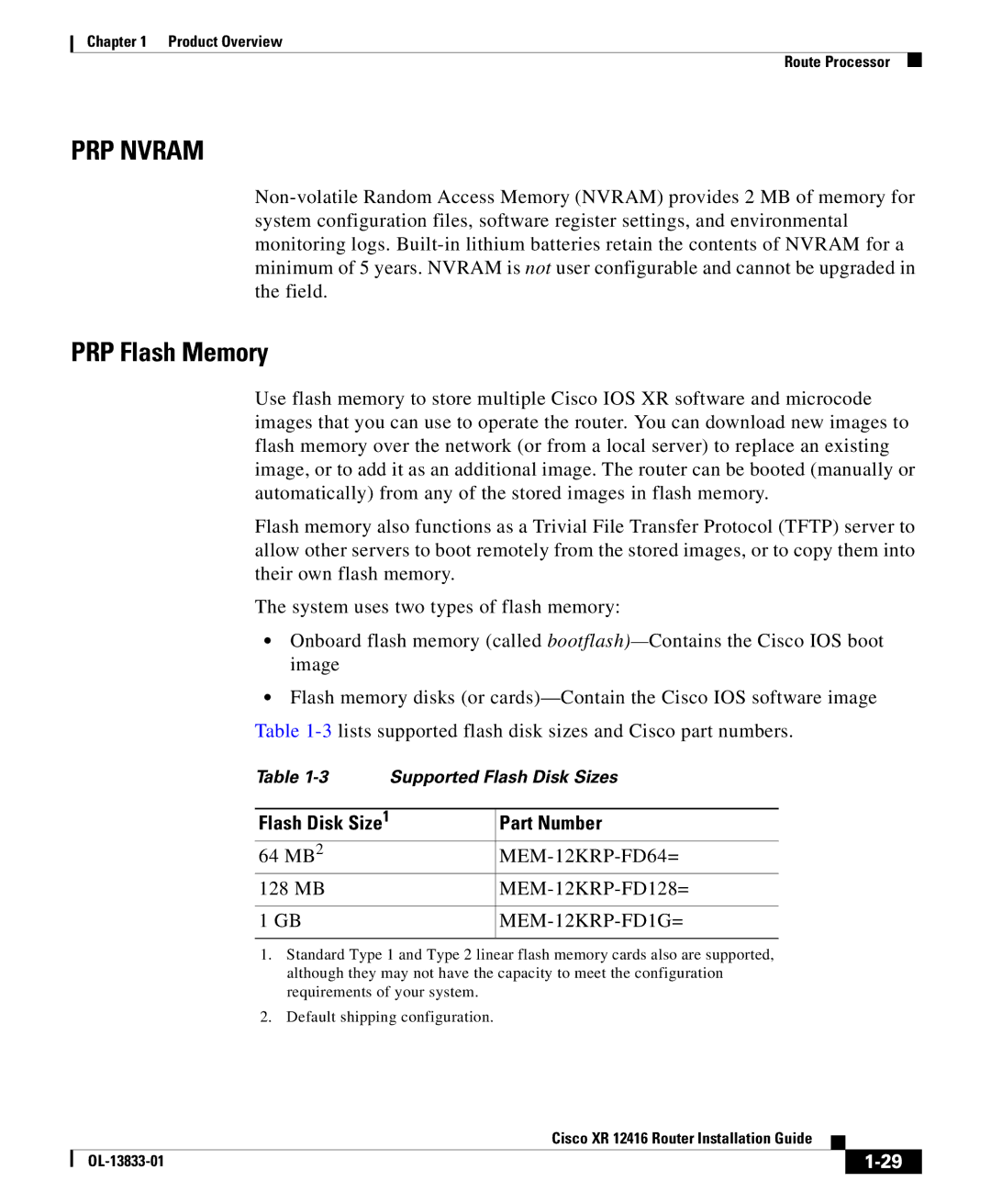 Cisco Systems Cisco XR 12416 manual PRP Nvram, PRP Flash Memory 