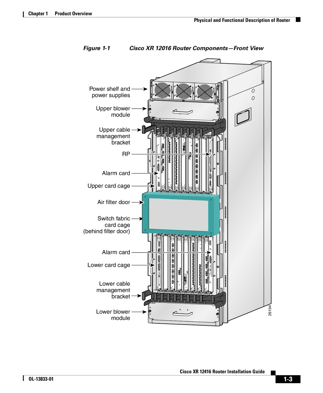 Cisco Systems Cisco XR 12416 manual Power shelf and power supplies Upper blower module, Alarm card Upper card cage 