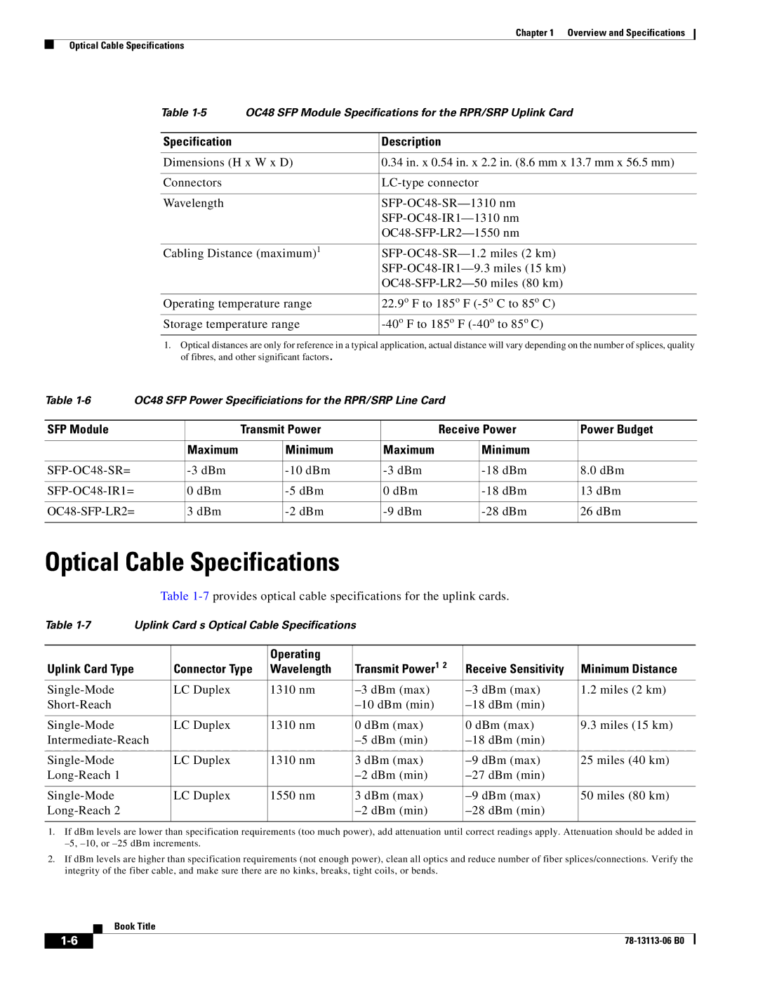 Cisco Systems CISCO10720 manual Optical Cable Specifications, Specification Description, Minimum, Operating Transmit Power1 