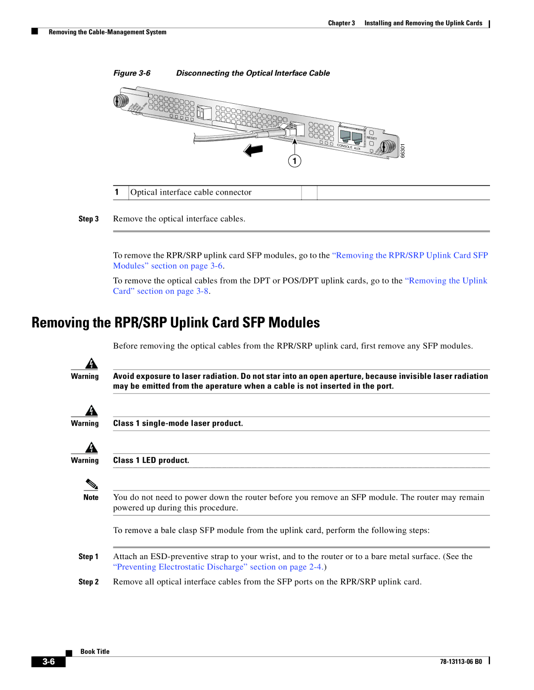 Cisco Systems CISCO10720 manual Removing the RPR/SRP Uplink Card SFP Modules, Disconnecting the Optical Interface Cable 