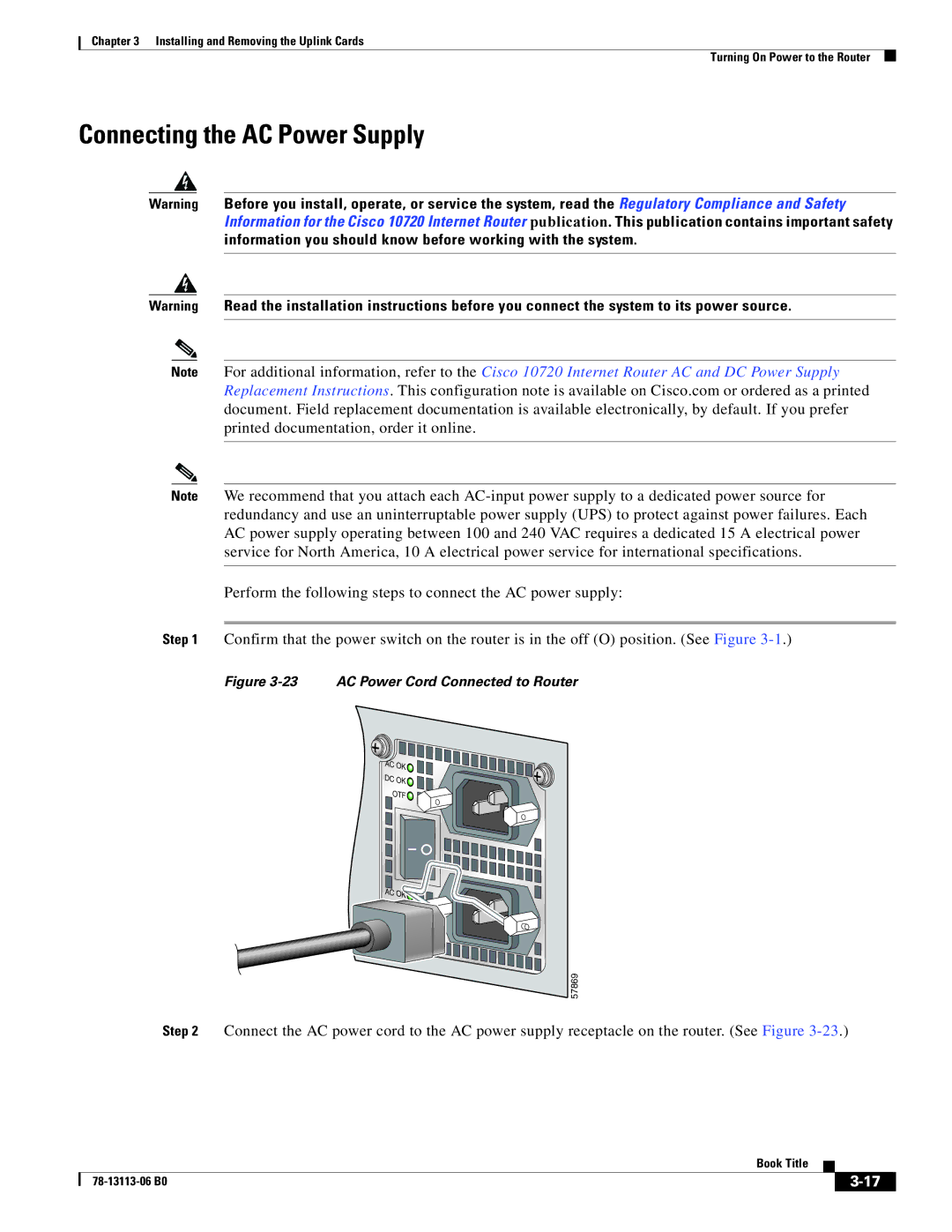 Cisco Systems CISCO10720 manual Connecting the AC Power Supply, AC Power Cord Connected to Router 