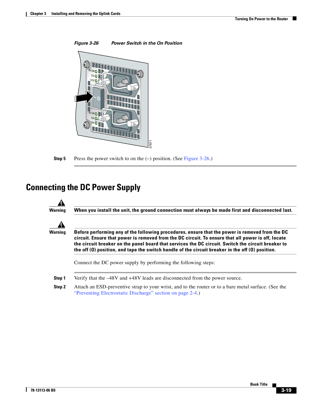 Cisco Systems CISCO10720 manual Connecting the DC Power Supply, Power Switch in the On Position 