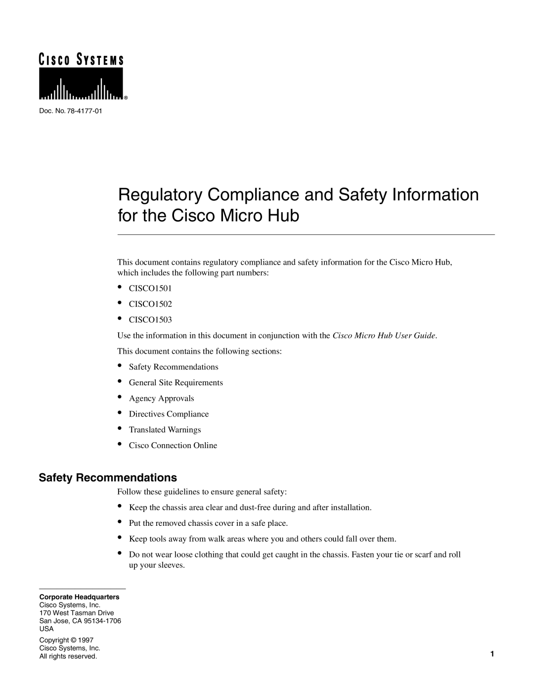 Cisco Systems CISCO1501 manual Safety Recommendations, Corporate Headquarters 