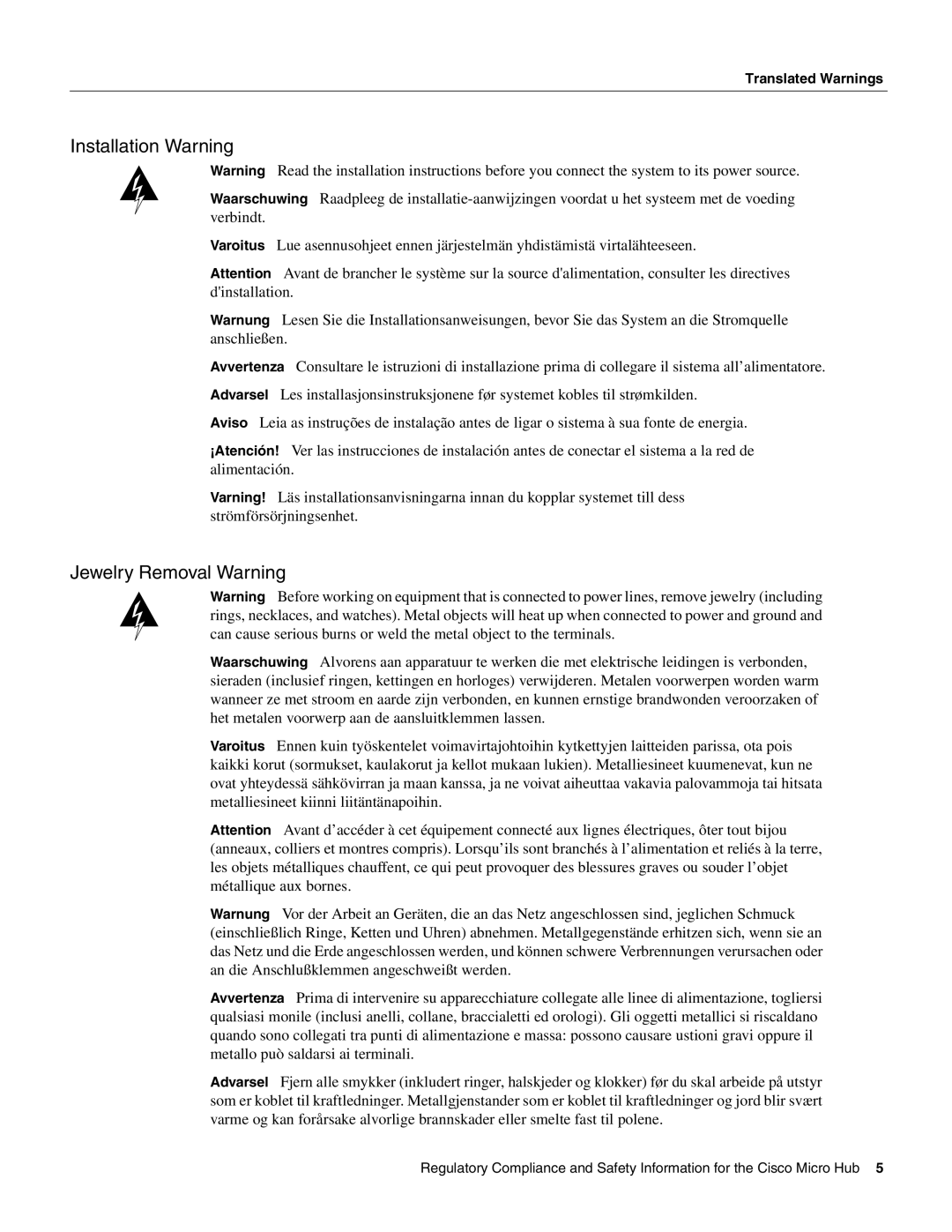 Cisco Systems CISCO1501 manual Installation Warning, Jewelry Removal Warning 